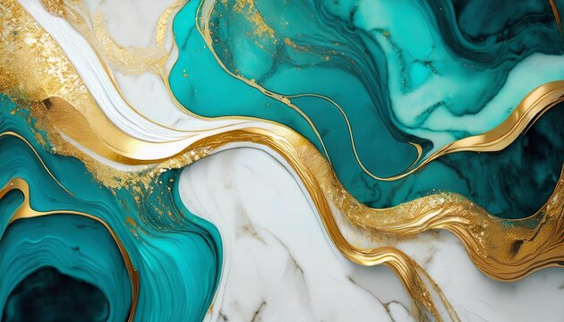 abstract luxury marble background digital art marbling texture turquoise gold and white colors