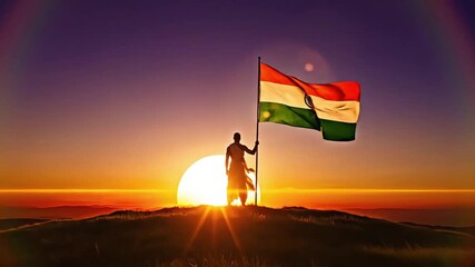 Silhouette on hill holds Indian flag at sunrise, embodying national pride and spirit of independence day in India, powerful symbol of freedom and unity