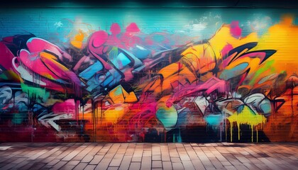 urban canvas graffiti covered wall with textured concrete floor depicting urban grit and underground art with colorful scribbles