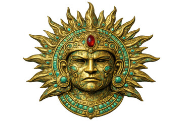 Aztec sun god tonatiuh symbol with sunrays, golden mask, and carved jade relief, pre-columbian deity mythology