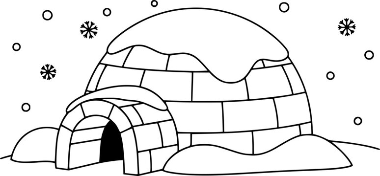 Simple line art of a cozy snow-covered igloo for coloring
