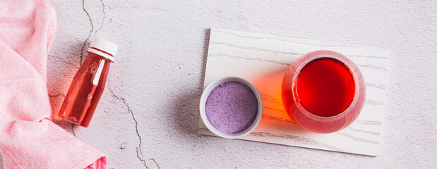 Rapid hydration mix in a glass and bowl on the table top view web banner