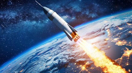 Spaceship launches into night sky on mission, embarking on a journey beyond earth into space