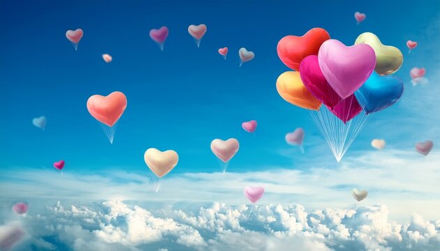 colorful heart balloons floating in the sky