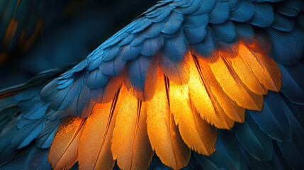 Fototapeta premium A stunning close-up of a macaw's vibrant wing feathers, revealing intricate textures and a beautiful spectrum of colors AI Generative