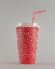Refreshing drink with condensation in a red cup placed on a plain surface