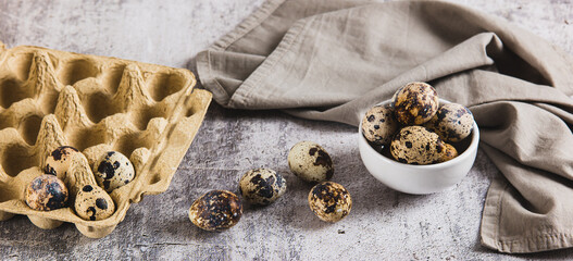 Raw quail eggs in their shells in a bowl on the table web banner