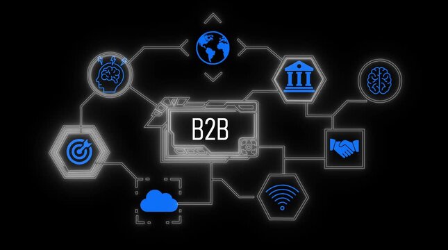 Digital B2 B concept diagram with glowing blue lines and icons on black background Keywords: B2 B, business to business, digital, technology, network, connection, icons, diagram, concept, strategy