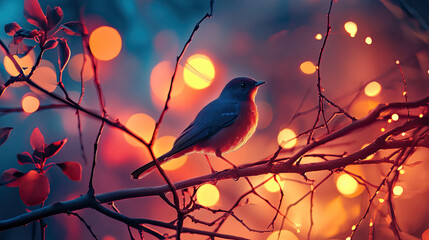A solitary bird perches gracefully on a branch, illuminated by the warm glow of soft, bokeh lights AI Generative