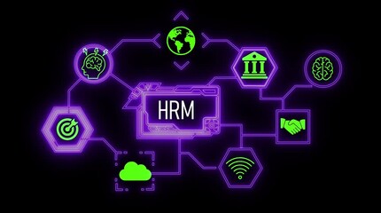 Digital HRM system diagram with green icons and glowing purple network lines on black background human resources management - Powered by Adobe