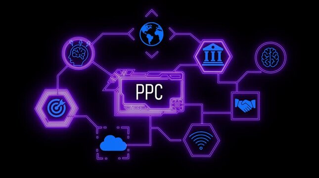 Digital PC system diagram with blue icons and glowing purple network lines on black background pay per click