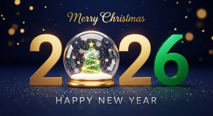 Image of golden numbers "202", a snow globe with a lit tree, and green number "6" on a dark blue glittery surface, representing the year 2026.