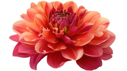 A large dahlia flower displays vibrant colors with layers of petals. The bloom is fully open showcasing a mix of pink orange and red hues. This flower represents springtime beauty.