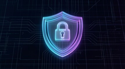 Neon Glowing Shield with Padlock Icon on Digital Circuit Board Cybersecurity Concept