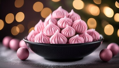 Festive Pink Treats In Black Bowl Against Holiday Bokeh Background