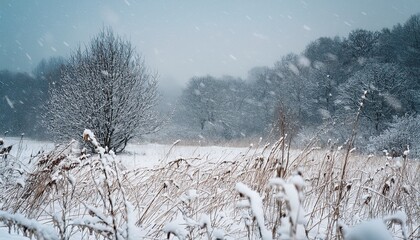 Snow Covered Dry Grasses And Tree Branches In A Winter Field During Heavy Snowfall Natural Silence And Beauty Of A Winter Landscape