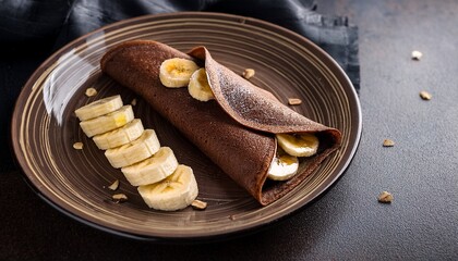 Rolled Chocolate Thin Crepes With Banana And Nuts On Dark Background Delicious French Style Crepes Or Blini Copy Space