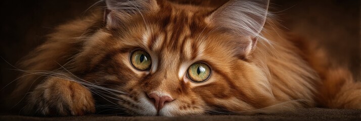 Closeup portrait of ginger cat with green eyes resting indoors