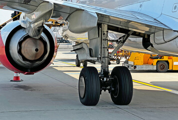 Rear view of the wing and engine of a classic passenger jet