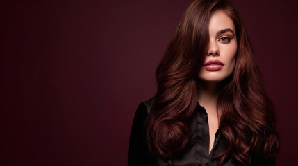 Fototapeta premium A beautiful young woman with long glossy auburn hair and natural makeup on a dark burgundy background, showcasing luxury hair color and beauty aesthetics.
