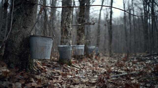 Traditional metal buckets hanging on trees to collect maple sap in a quiet forest during early spring, representing natural syrup production and rural lifestyle.