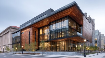 A large building stands in a city featuring a wooden exterior and many glass windows. Surrounding greenery adds to the modern architecture seen in the evening.