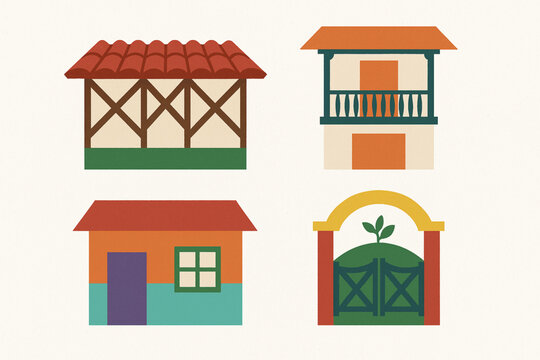 Coffee Region Architecture Icon Set with Bahareque Houses, Wooden Balconies and Farm Gates