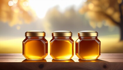 Golden Lidded Honey Jars Resting On Wooden Surface Awaiting Personalized Branding And Highlighting Artisanal Sweetness