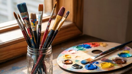 Fototapeta premium Artist brushes standing upright in clear glass jar on studio table. Perfect for art studio decor branding, creative workspace promotions, painting course materials, educational supply store marketing.