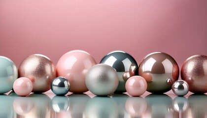 Glossy Pastel And Metallic Spheres Arranged On Reflective Surface With Pink Backdrop
