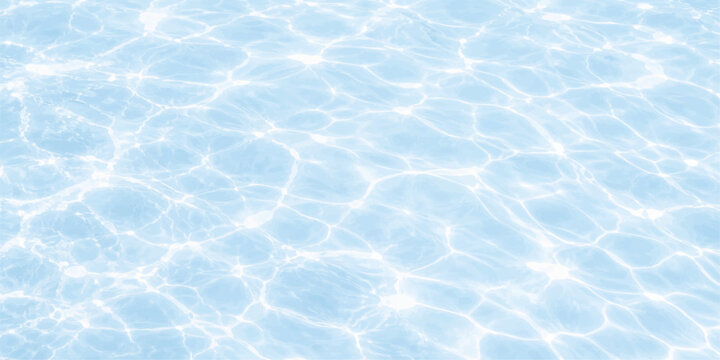 Clear turquoise waves create an abstract liquid pattern on the clean blue water surface of a summer swimming pool with ripples and wet reflections of nature
