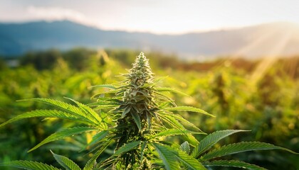 Closeup Of A Cannabis Bud In A Field Of Marijuana Plants Hemp Crop