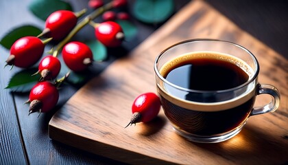 A Cup Of Black Coffee In A Glass Cup Wooden Pad And Rose Hips Blurred Foreground And Background