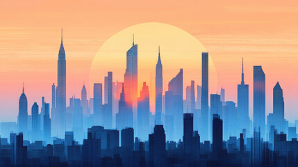 A beautiful cityscape silhouette at sunset, with a sun. Skyscrapers create a stunning view against the colorful sky AI Generative