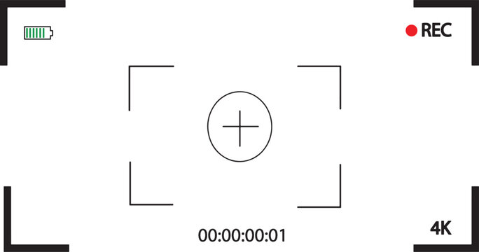 Camera viewfinder recording interface vector with rec indicator 4k label timestamp battery focus frame minimalist video UI design