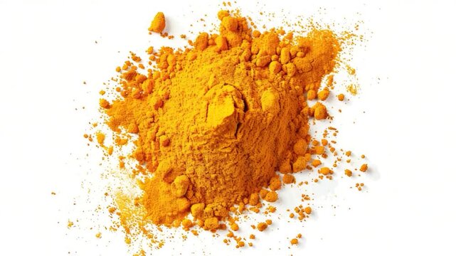 Video A heap of bright yellow tumeric powder on a clean white surface, great for food or spice related concepts