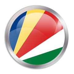 Fototapeta premium Seychelles flag - glossy circle button in metal frame displays a colorful flag of a country cultural identity and heritage. The essence of national pride and unity.