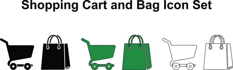 Shopping Cart and Bag Icon Set in Silhouette Green and Outline Styles