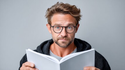 Man with stylish glasses, wearing a cozy sweater, is reading a book with a thoughtful expression, showcasing a moment of reflection and engagement with literature in a minimalist setting