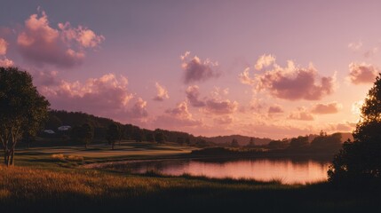 Obraz premium The sun sets behind hills near a golf course. Soft light reflects off a calm lake. Trees and clouds add depth to the scene at evening time.