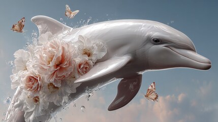Dolphin gracefully swimming through water, adorned with vibrant flowers and delicate butterflies, creating a harmonious blend of nature and beauty in a serene aquatic environment