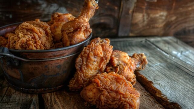 Video A bucket of fried chicken sitting on a wooden table, great for food or party scenes
