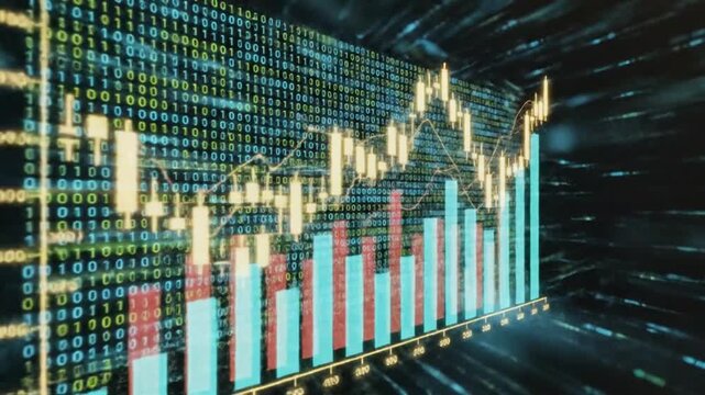 Dynamic visualization of stock market data with binary code on screens