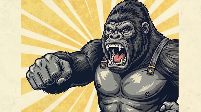 Angry Gorilla in Dramatic Yellow Rays Stomping Forward with Fist Raised and Roar.
