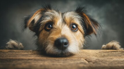 A dog with brown fur looks at the camera with its paws resting on a wooden surface. The setting is indoors with soft light. The dog's eyes are bright and focused.