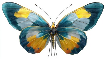 A butterfly with blue yellow and orange wings sits still on a clear surface. The butterfly shows intricate patterns and details in its wings highlighting its natural beauty.