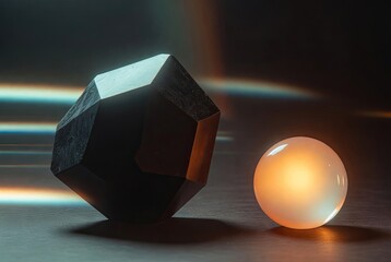 An abstract composition featuring a dark geometric polyhedron and a luminous glowing sphere