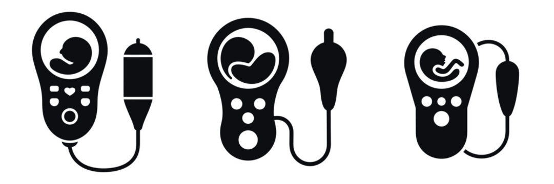 Fetal Doppler Silhouette Icons Set &ndash; Pregnancy Ultrasound Device Vector Illustration for Prenatal Care, Baby Heartbeat Monitoring, Medical Equipment, and Healthcare Design
