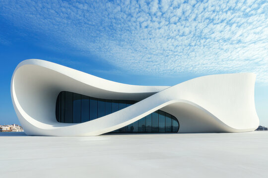 Futuristic white building with curved walls stands on a large paved area under a blue sky with small clouds
