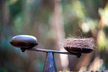 Obraz premium A visual metaphor of delicate equilibrium with a stone and a bird's nest on a scale